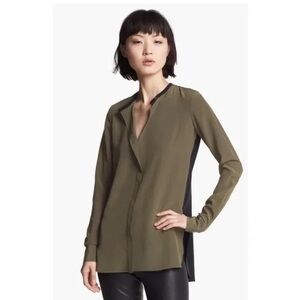 Vince 100% Silk Color Block Olive & Black Tunic Top Blouse Size 6